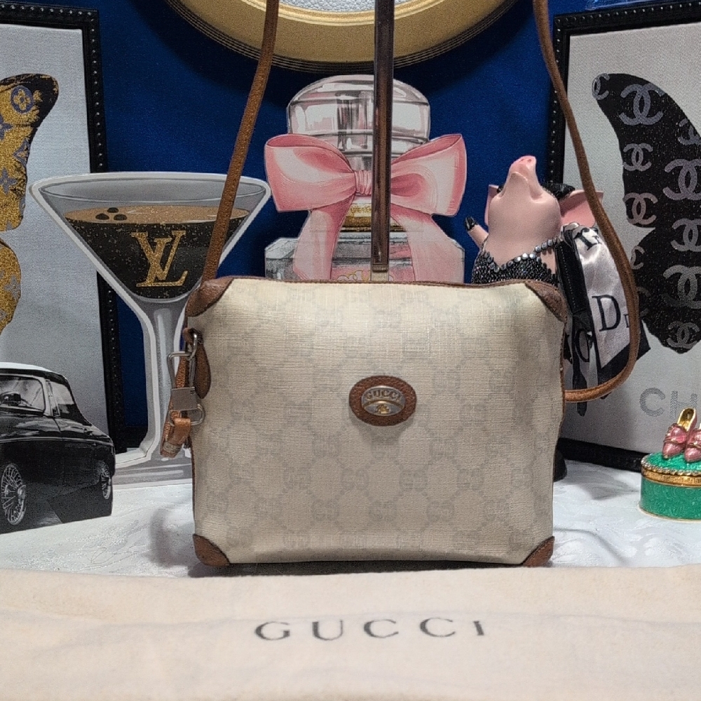 Vintage Gucci PLUS Micro GG In White Monogram Coated Canvas & Brown Leather Trim